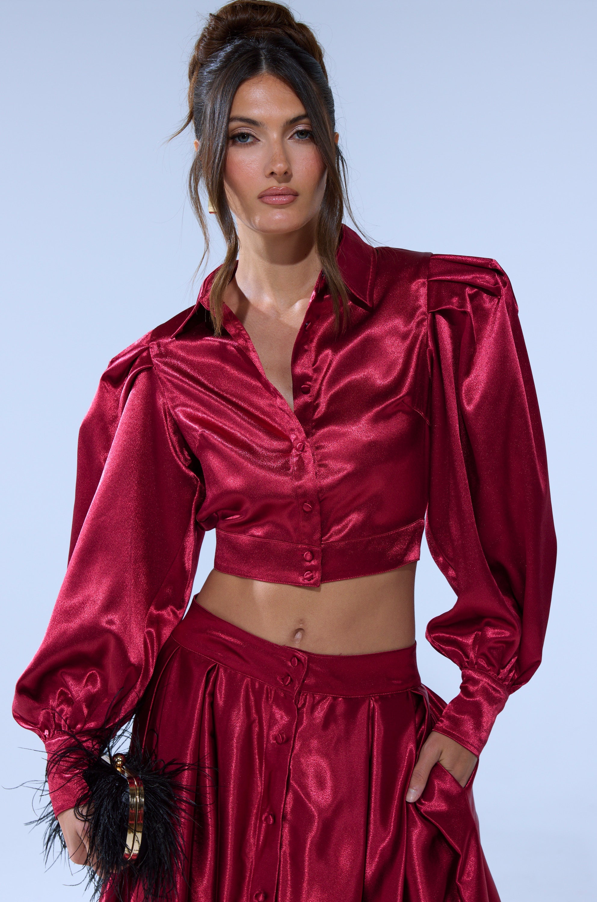 CANDICE OPEN BACK SATIN BUTTON DOWN SHIRT