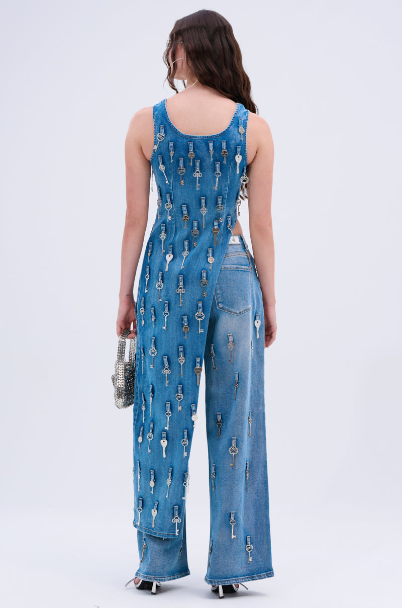 KEY TO YOUR HEART ASYMMETRICAL DENIM TOP
