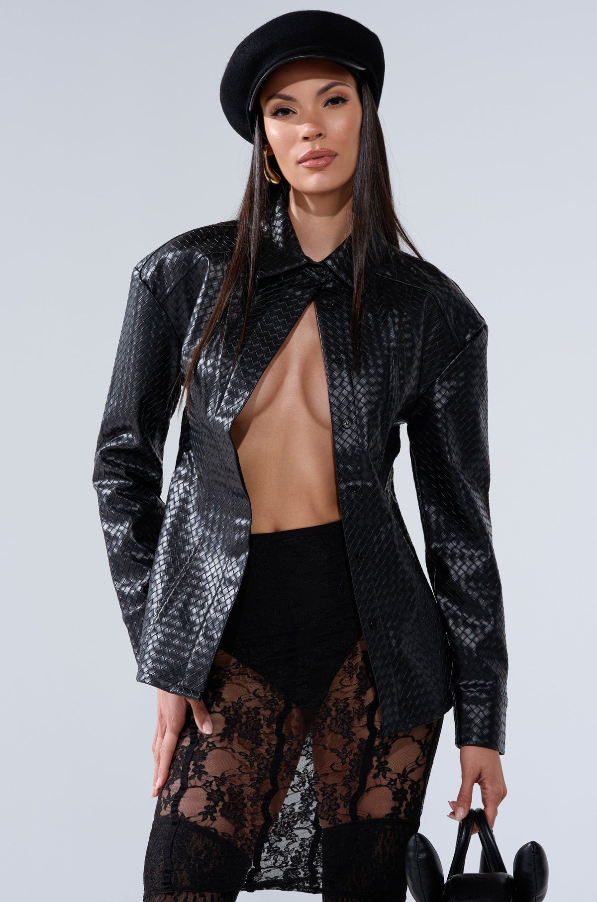 FEELING RICH FAUX LEATHER BUTTON DOWN IN BLACK