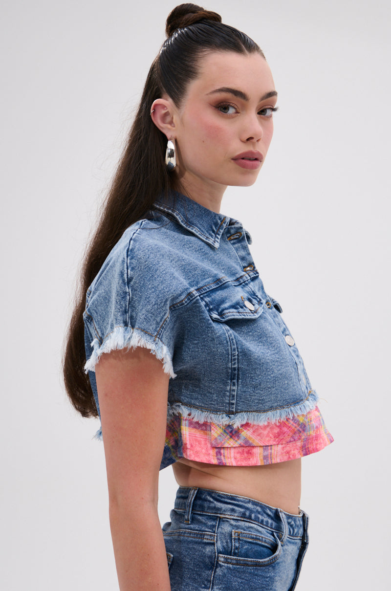 FULL OF LIFE DENIM BUTTON DOWN WITH PLAID DETAILS