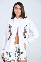 EMBROIDERED FLOWER LINEN BUTTON UP