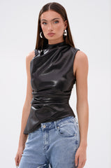 LOCKED AND LOADED FAUX LEATHER BLOUSE