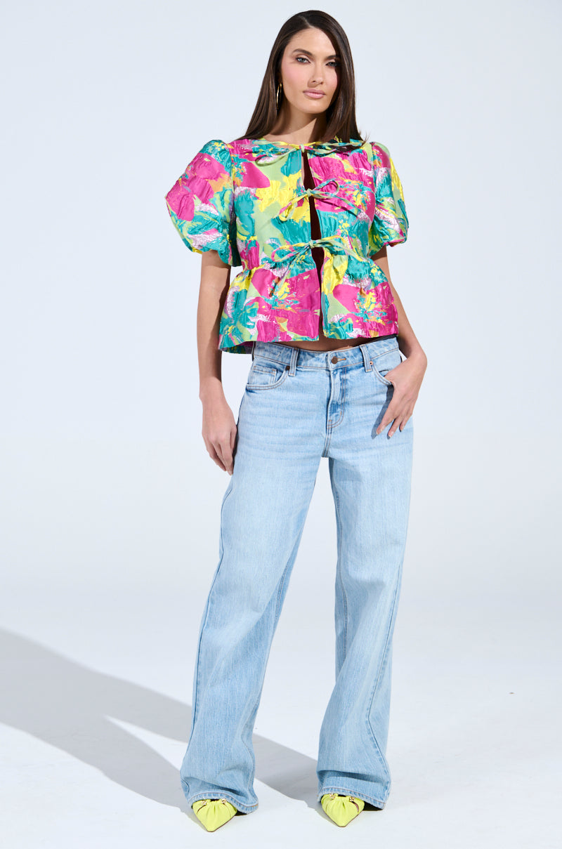 CARIBBEAN VIBES BROCADE TIE FRONT BLOUSE