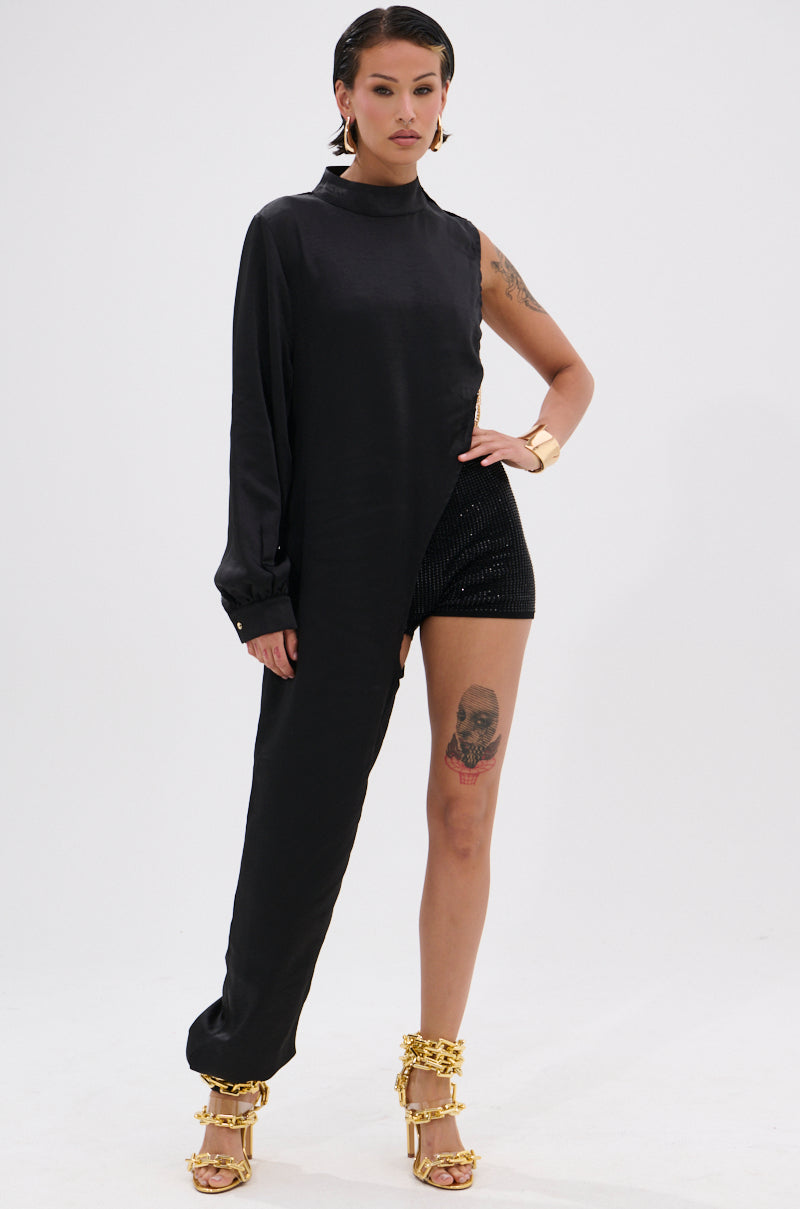 TIME FLIES SATIN ONE SLEEVE BLOUSE