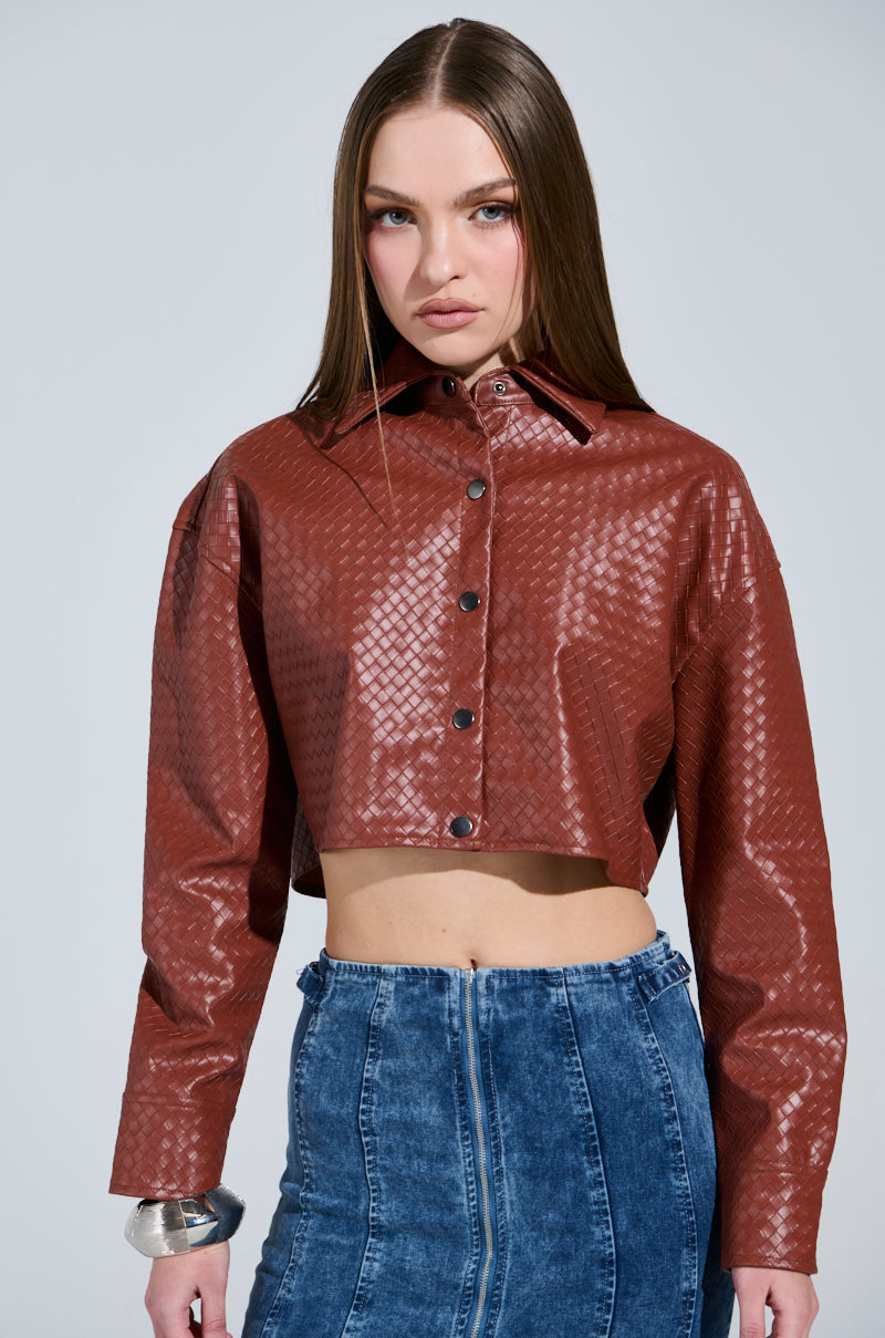 LUXURY GIRL WOVEN PU CROPPED BUTTON UP SHIRT