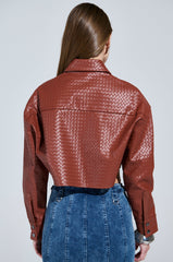 LUXURY GIRL WOVEN PU CROPPED BUTTON UP SHIRT