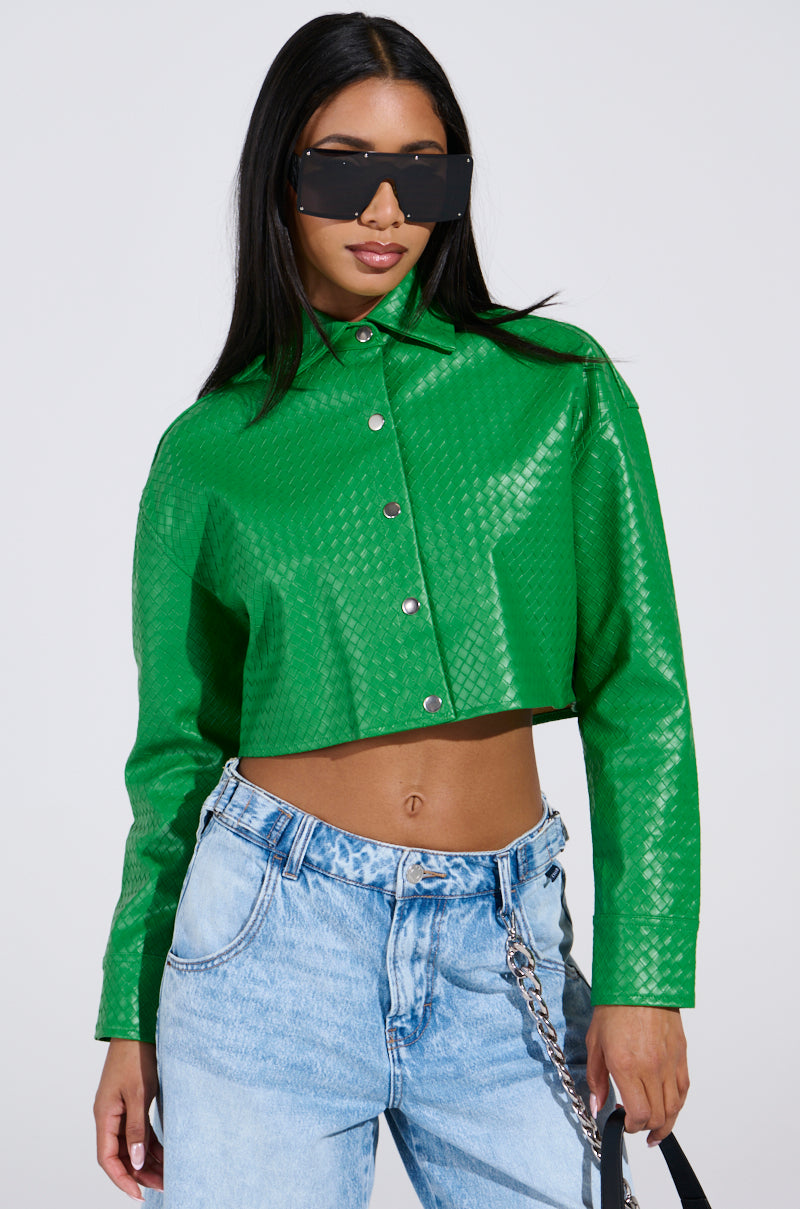 TOO EXPENSIVE FOR YOU WOVEN PU CROPPED BUTTON UP SHIRT