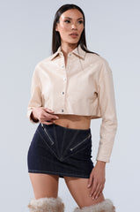 LUXURY GIRL WOVEN PU CROPPED BUTTON UP SHIRT IN IVORY