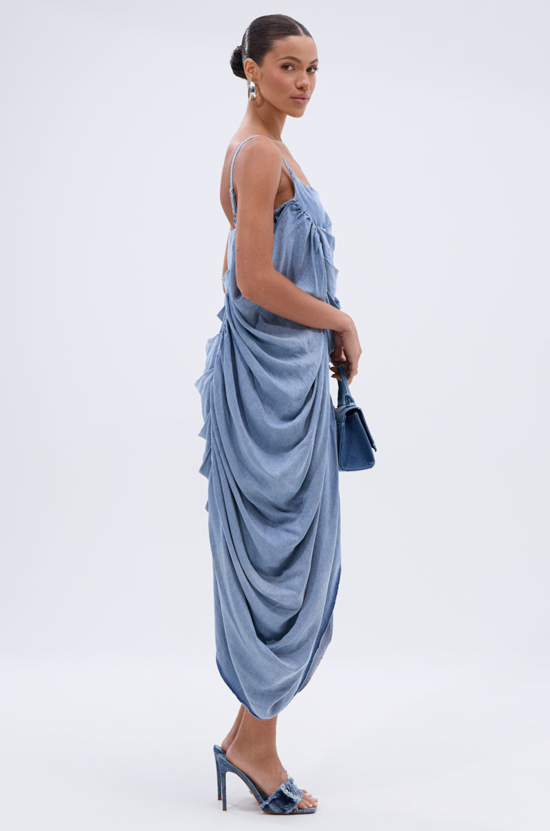 SMOOTH OPERATOR RUCHED MIDI DRESS IN DENIM