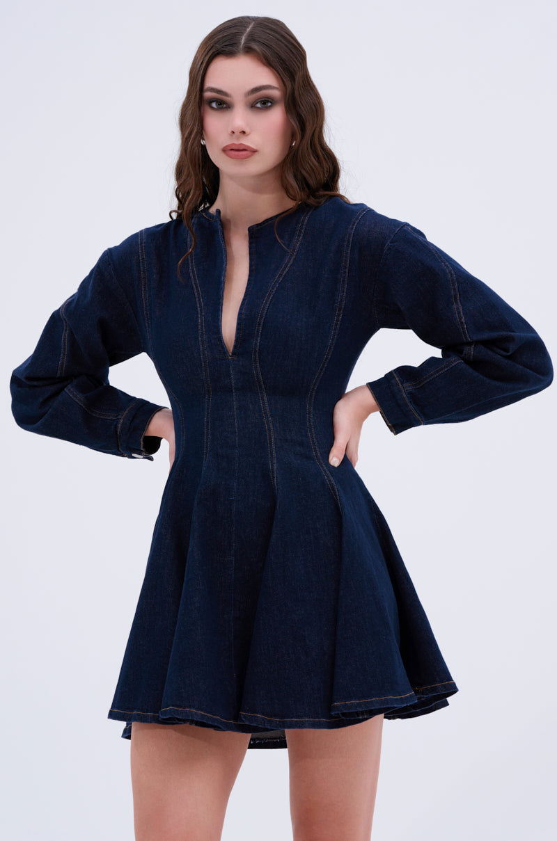 ALL ABOUT MY BUSINESS DENIM MINI DRESS IN DARK BLUE