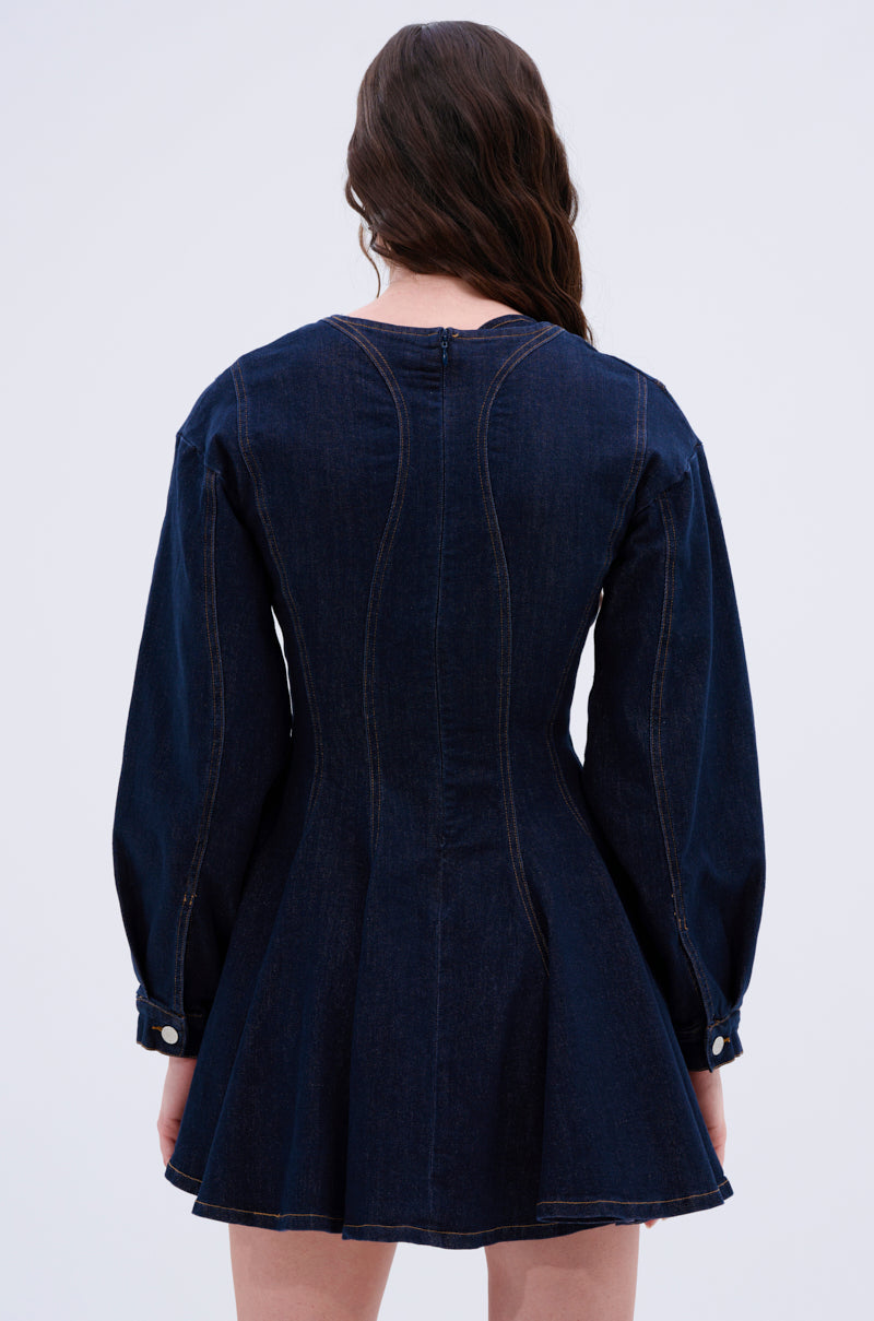 ALL ABOUT MY BUSINESS DENIM MINI DRESS IN DARK BLUE