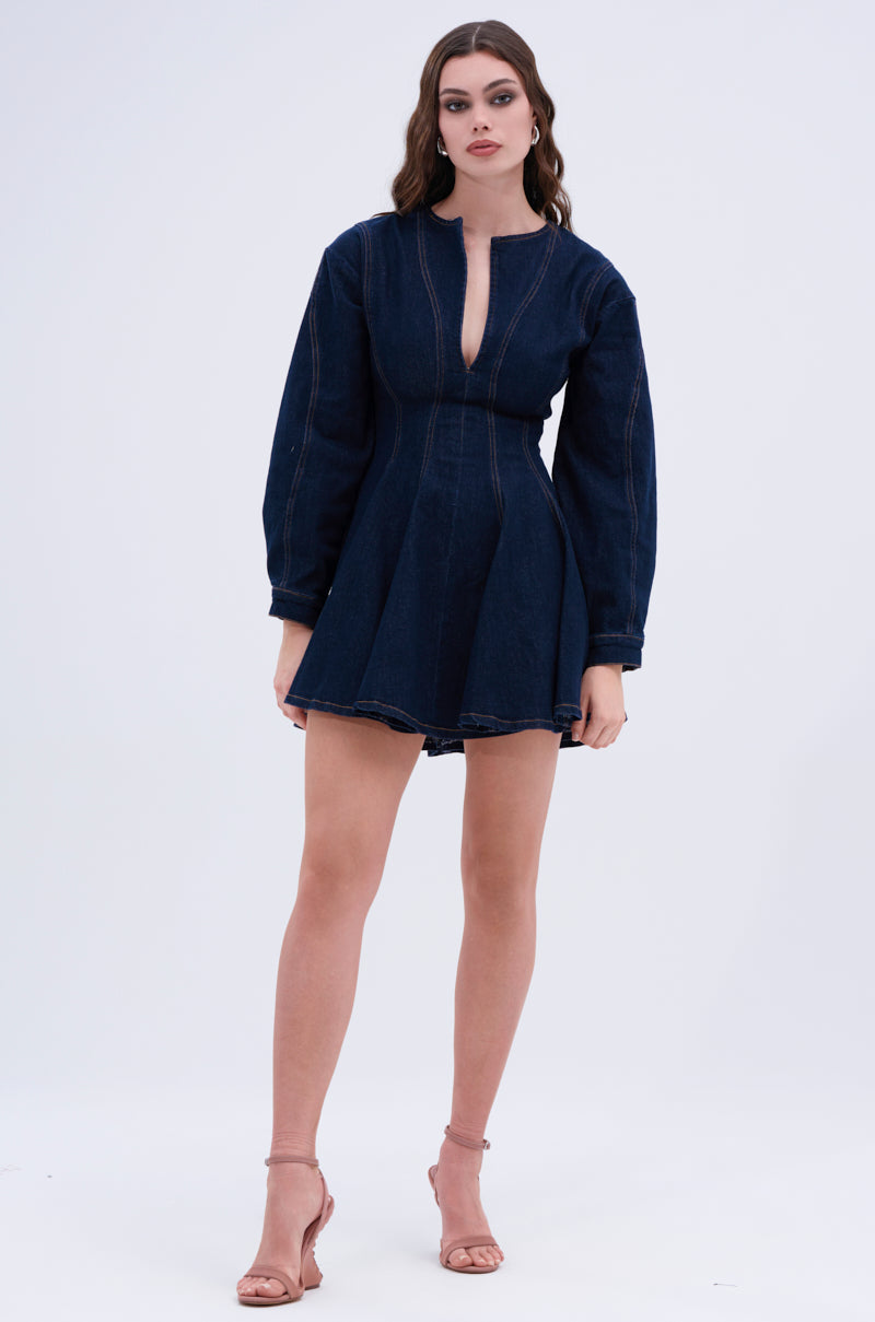 ALL ABOUT MY BUSINESS DENIM MINI DRESS IN DARK BLUE