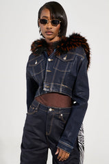 SITTING PRETTY FUR TRIM COATED DENIM JACKET