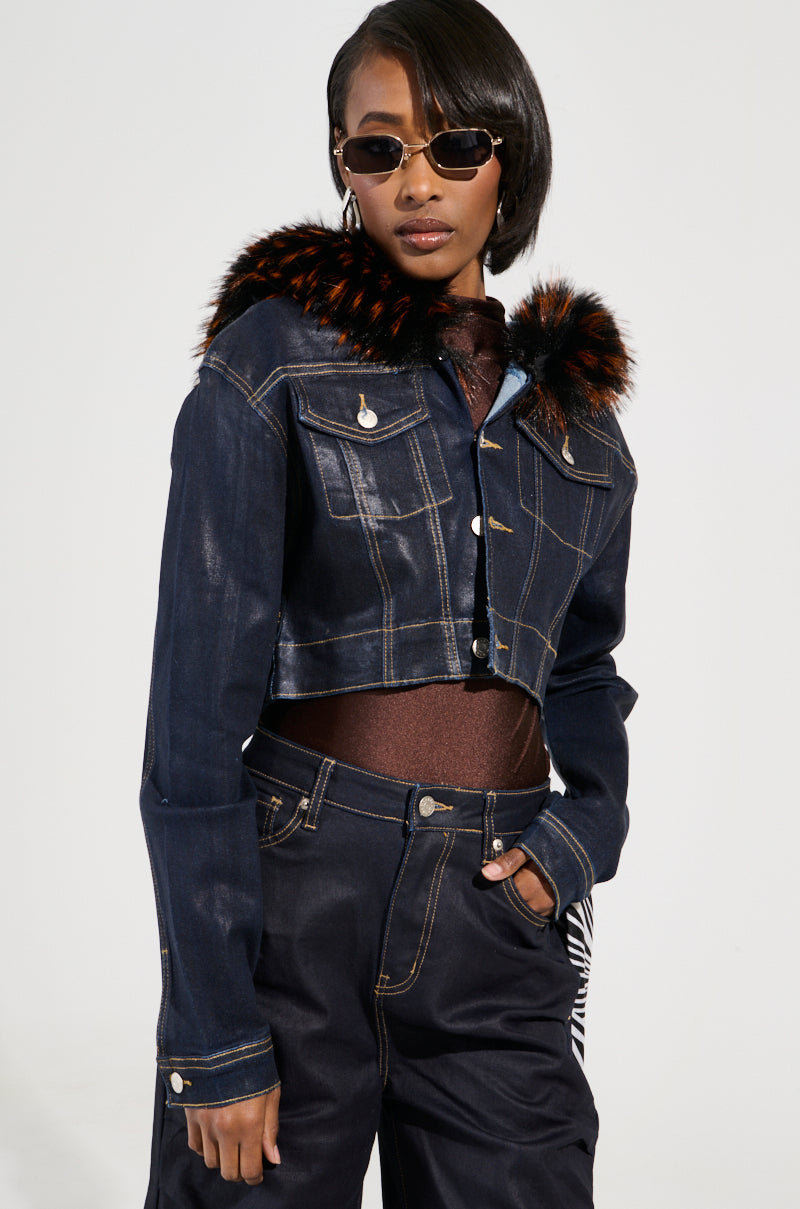 SITTING PRETTY FUR TRIM COATED DENIM JACKET