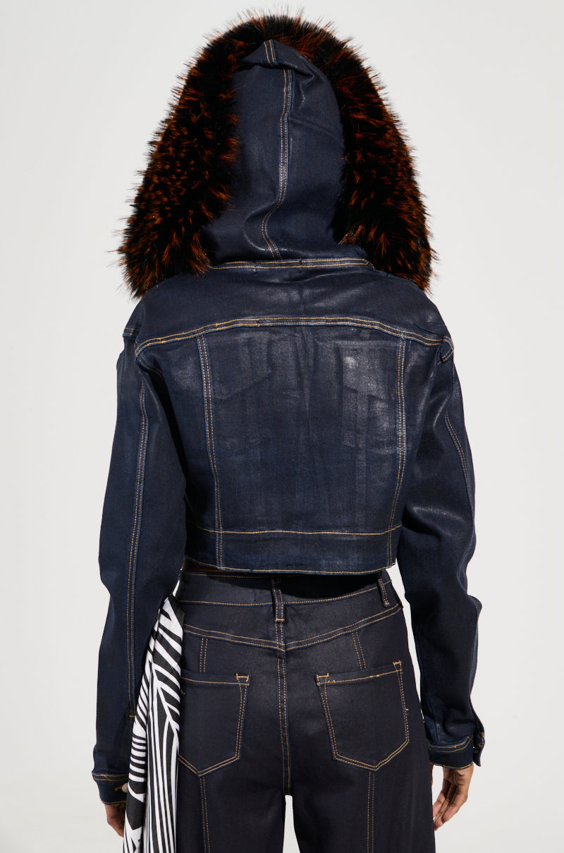 SITTING PRETTY FUR TRIM COATED DENIM JACKET