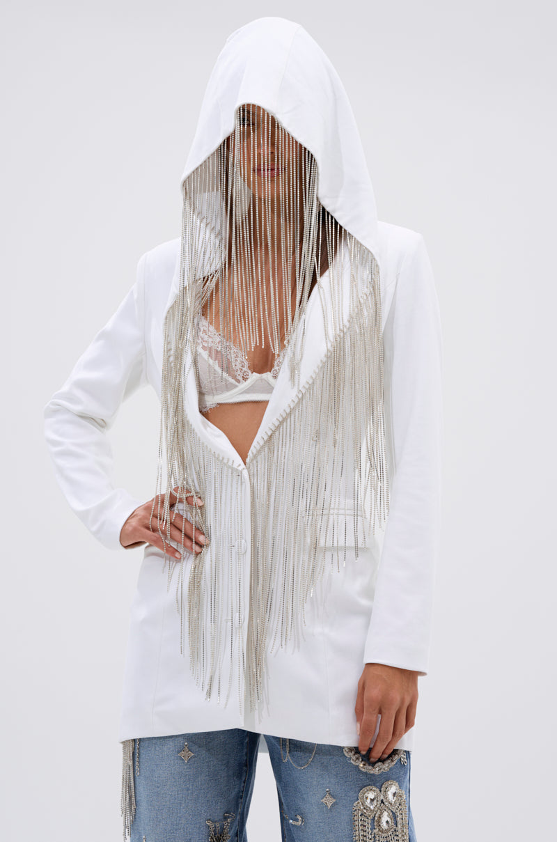 DRIPPY RHINESTONE FRINGE BLAZER IN WHITE