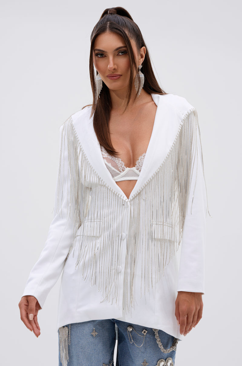 DRIPPY RHINESTONE FRINGE BLAZER IN WHITE