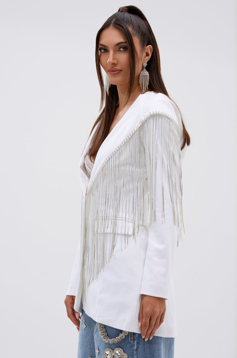 DRIPPY RHINESTONE FRINGE BLAZER IN WHITE