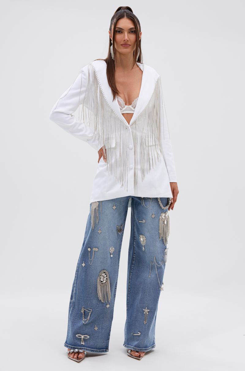 DRIPPY RHINESTONE FRINGE BLAZER IN WHITE