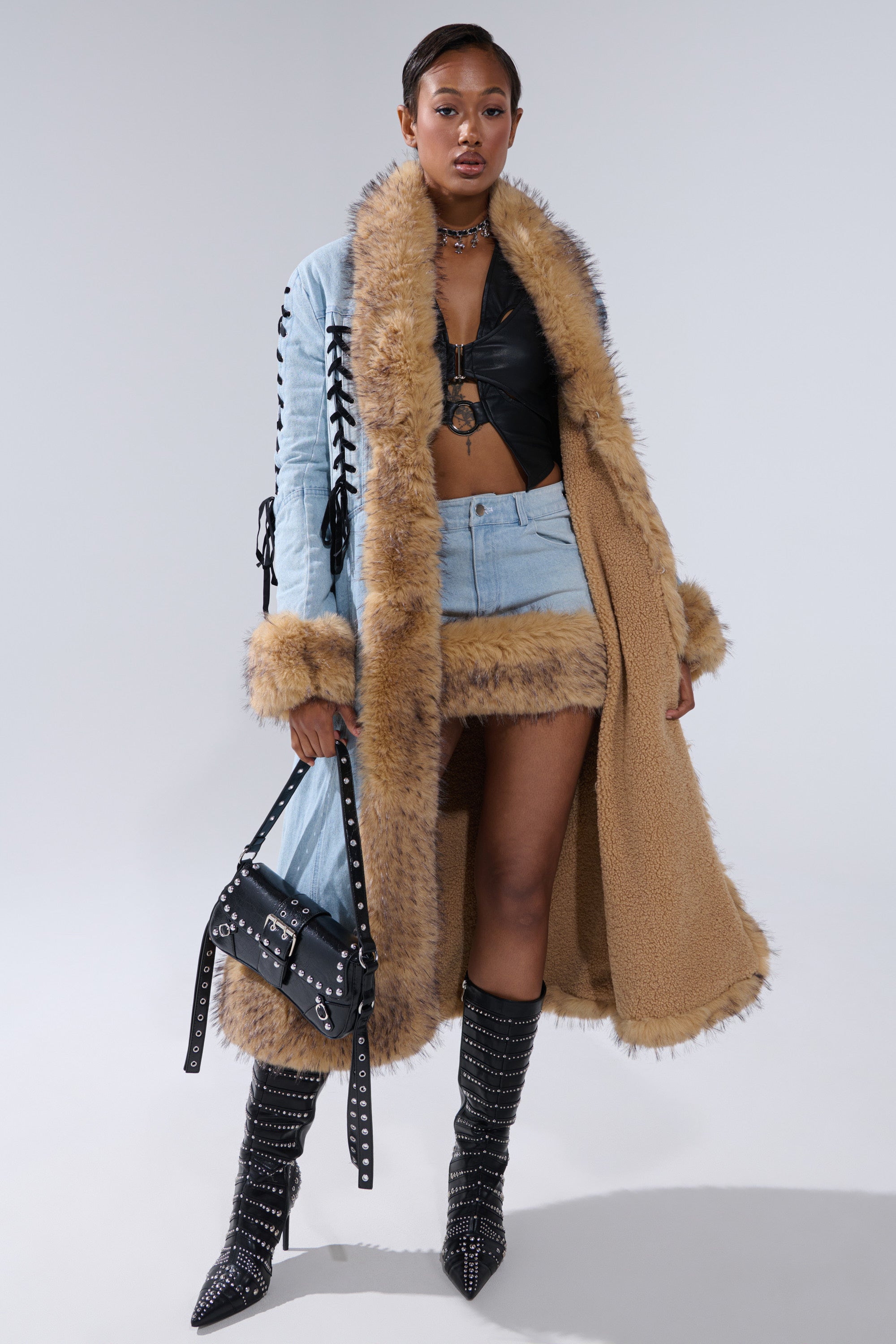 ERYKAH FUR TRIM DENIM TRENCH