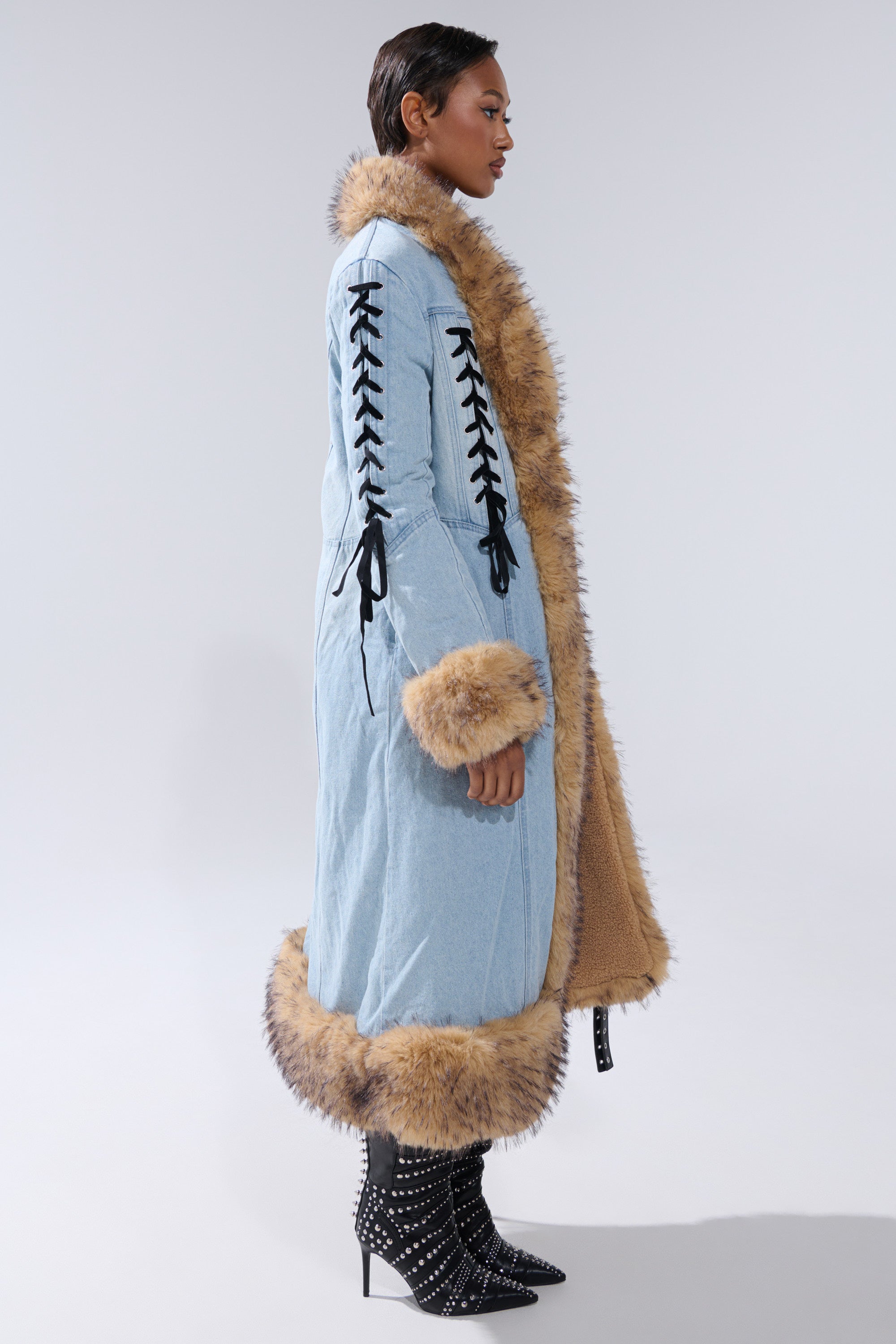 ERYKAH FUR TRIM DENIM TRENCH
