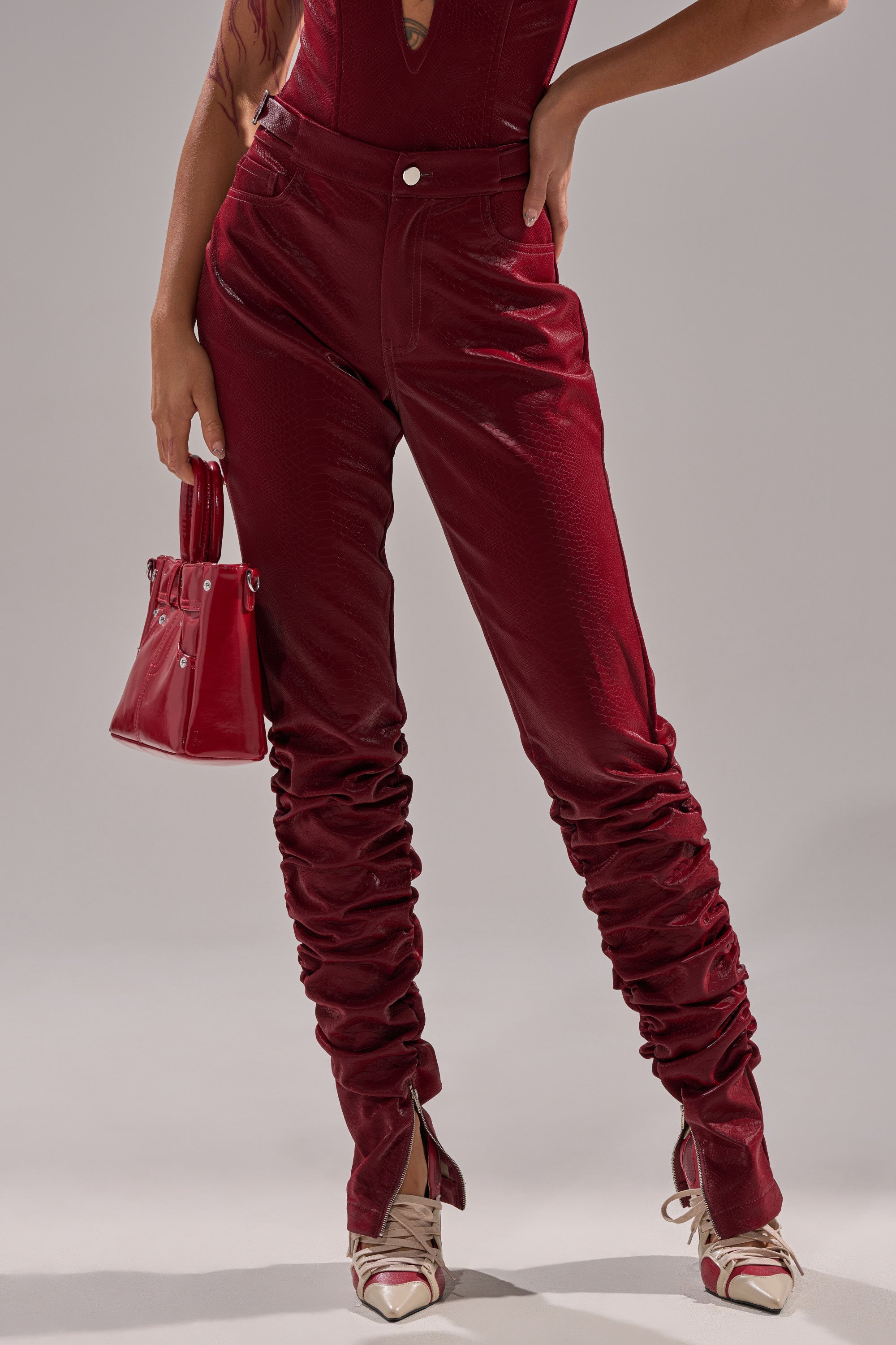TOO HOT FOR YOU FAUX LEATHER RUCHED TROUSER