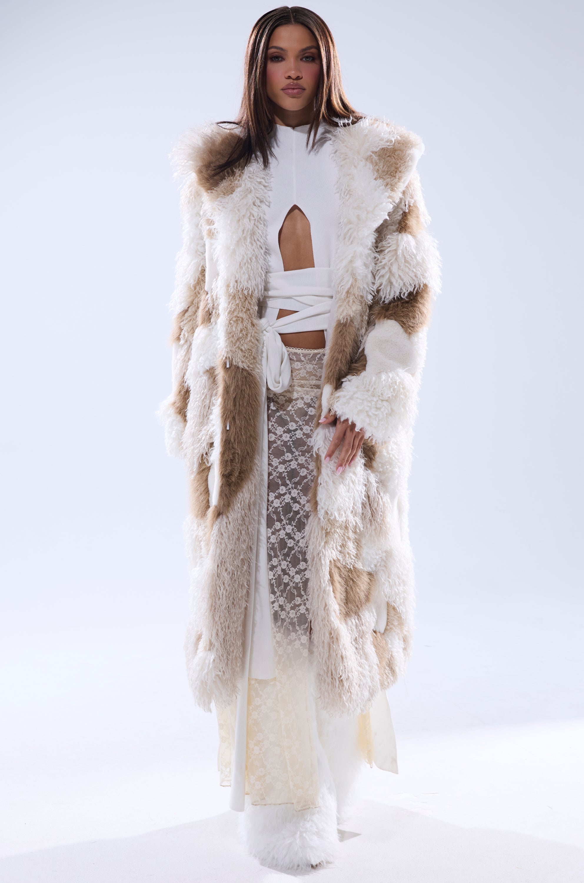 IN MY FEELS PATCHWORK FAUX FUR COAT