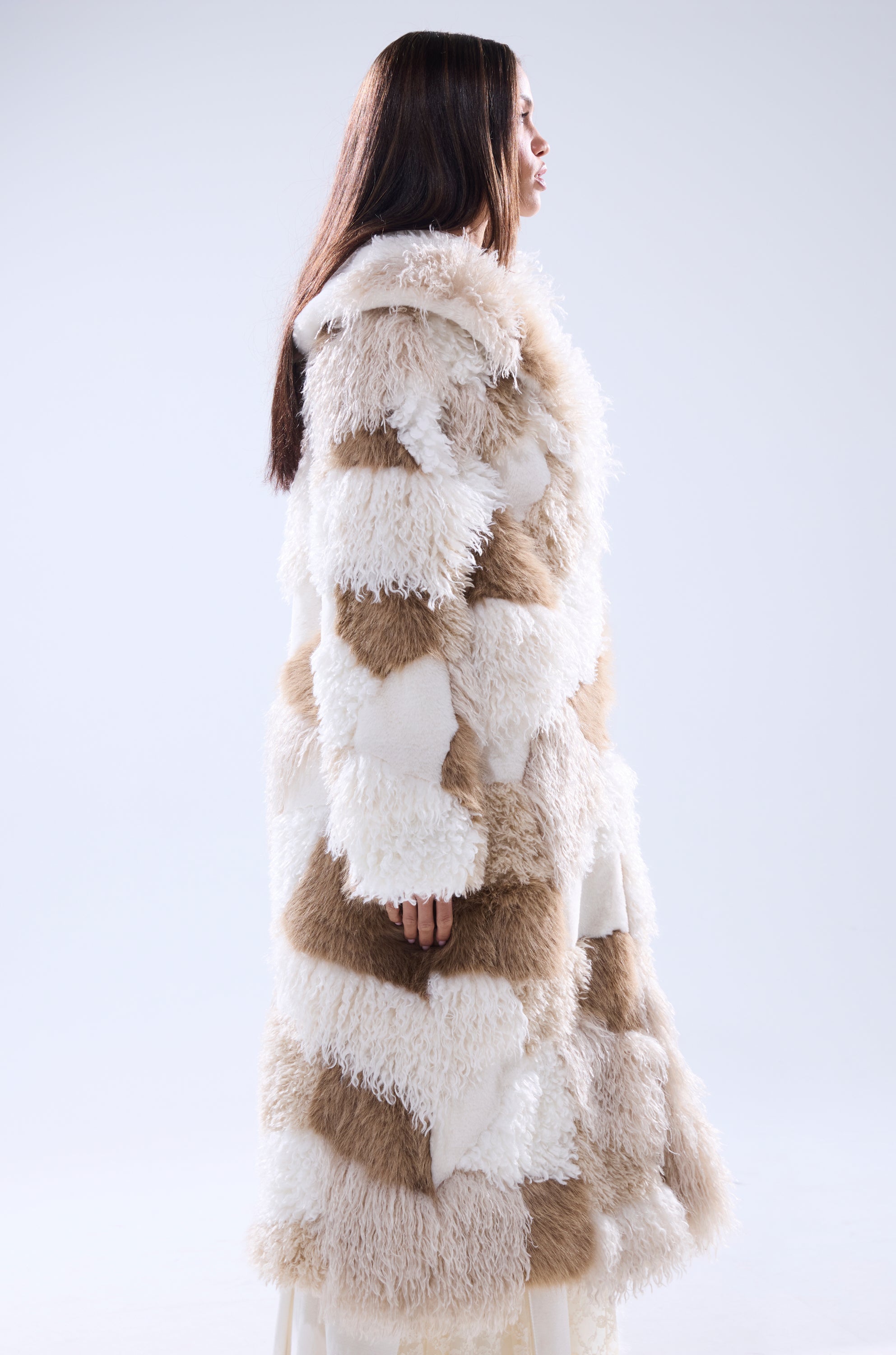 IN MY FEELS PATCHWORK FAUX FUR COAT