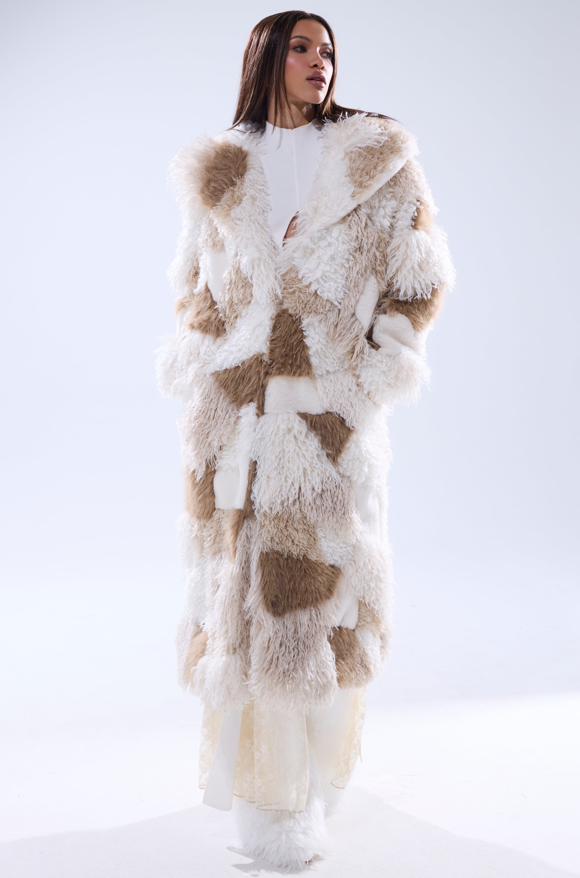 IN MY FEELS PATCHWORK FAUX FUR COAT