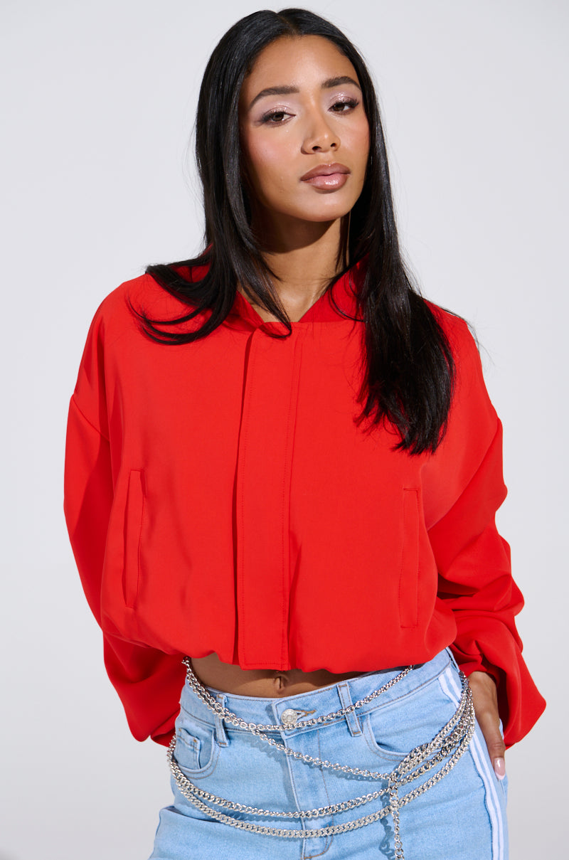 TREY RUCHED SLEEVE BOMBER IN RED