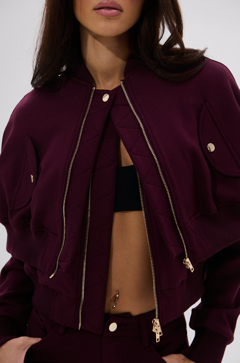 LYNX LAYERED BOMBER JACKET IN BURGUNDY