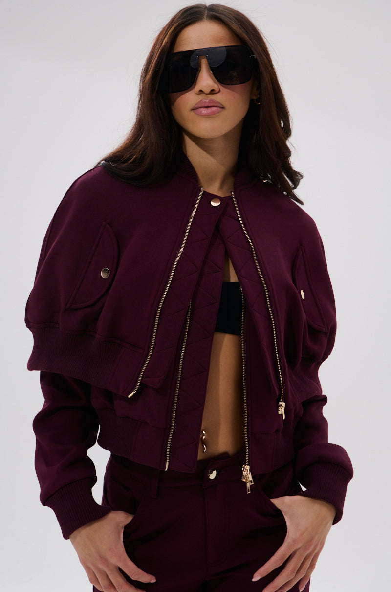 LYNX LAYERED BOMBER JACKET IN BURGUNDY