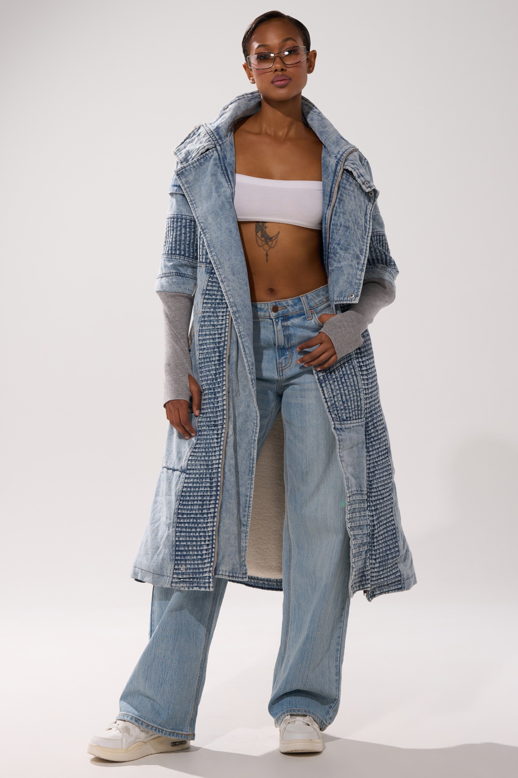 VORTEX DENIM TRENCH COAT IN BLUE