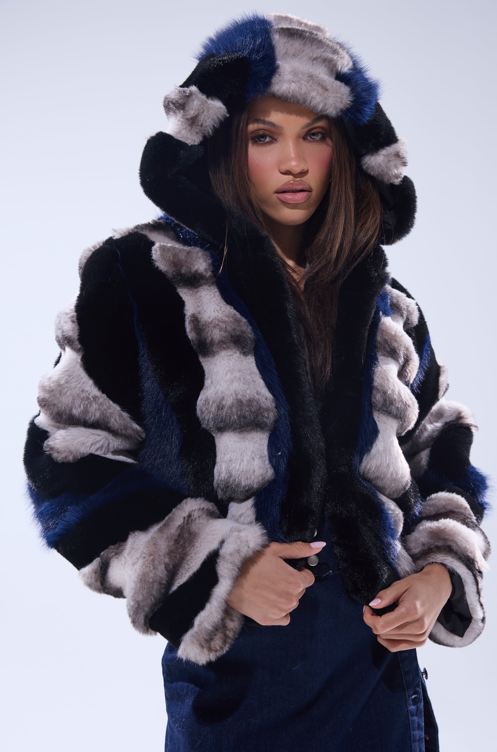 SUPERNOVA PANELED FAUX FUR IN BLUE MULTI