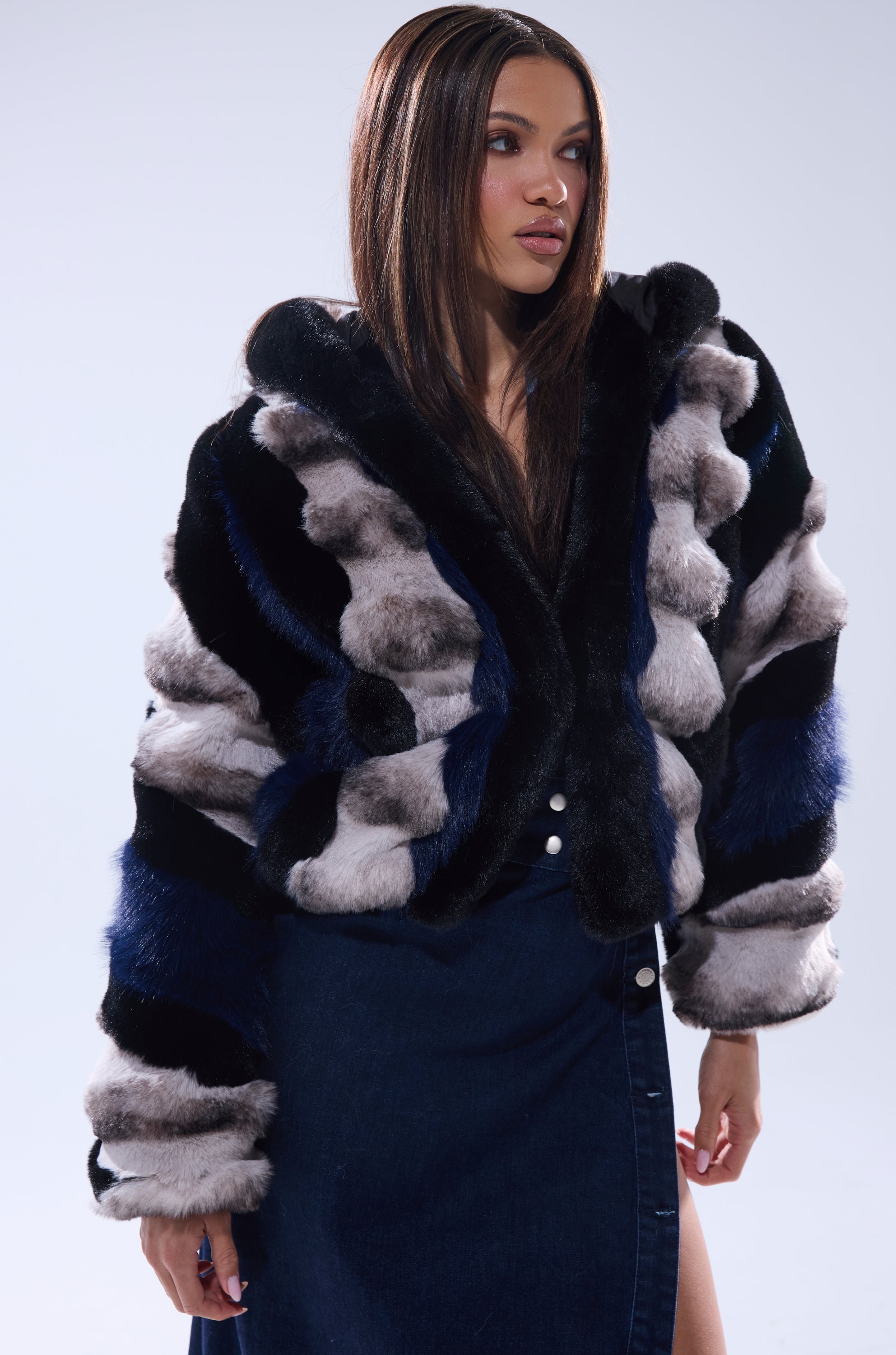 SUPERNOVA PANELED FAUX FUR IN BLUE MULTI