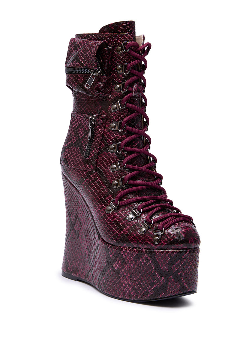 AZALEA WANG KAPULE BURGUNDY SNAKE PLATFORM BOOTIE