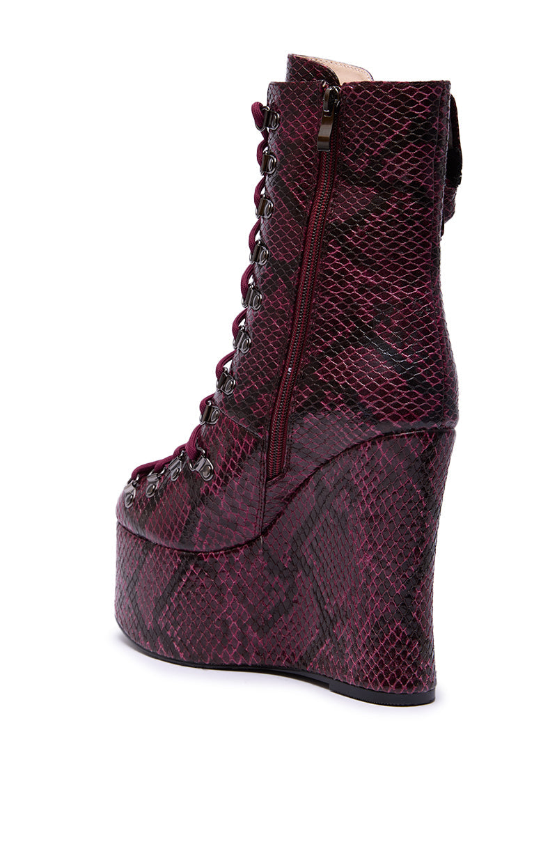 AZALEA WANG KAPULE BURGUNDY SNAKE PLATFORM BOOTIE