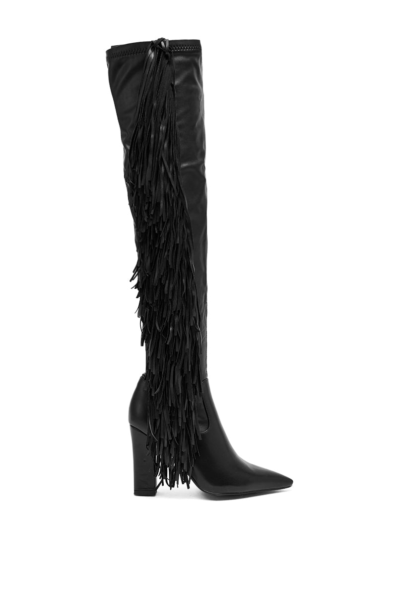 AZALEA WANG KATRICIA BLACK FRINGE CHUNKY BOOT