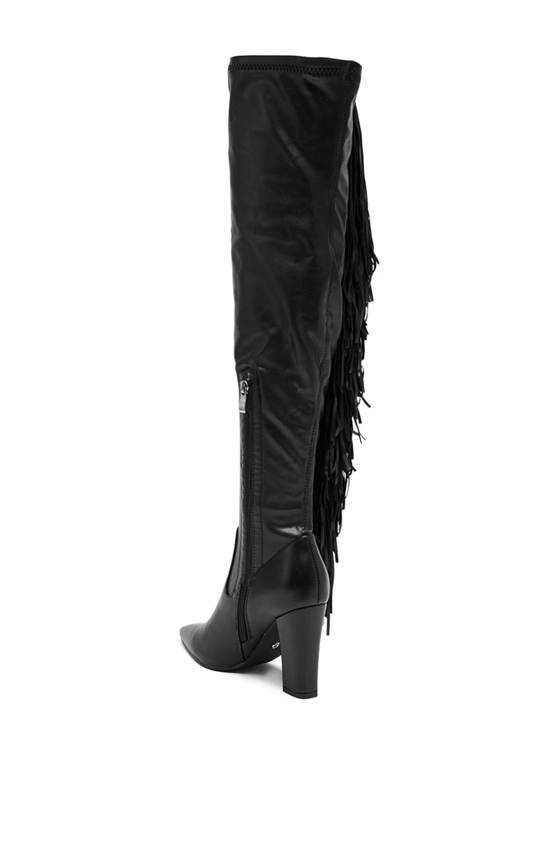 AZALEA WANG KATRICIA BLACK FRINGE CHUNKY BOOT