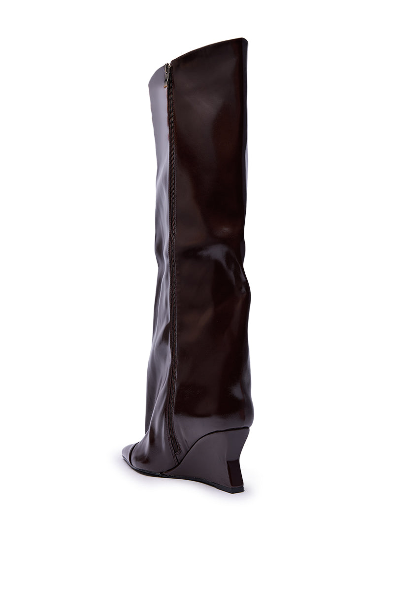 AZALEA WANG KENYA BROWN KNEE HIGH WEDGE BOOT