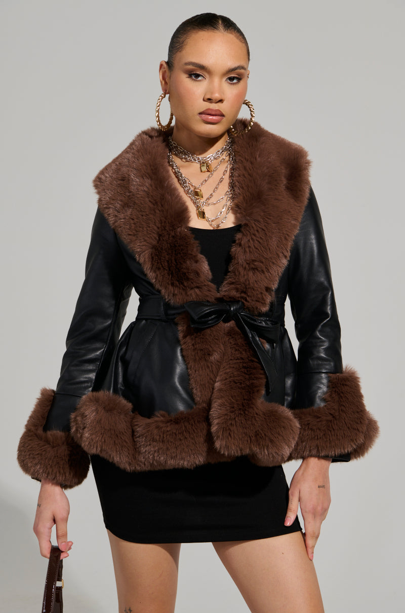 KENZY FUR TRIM PEPLUM MOTO IN BLACK BROWN