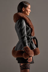 KENZY FUR TRIM PEPLUM MOTO IN BLACK BROWN