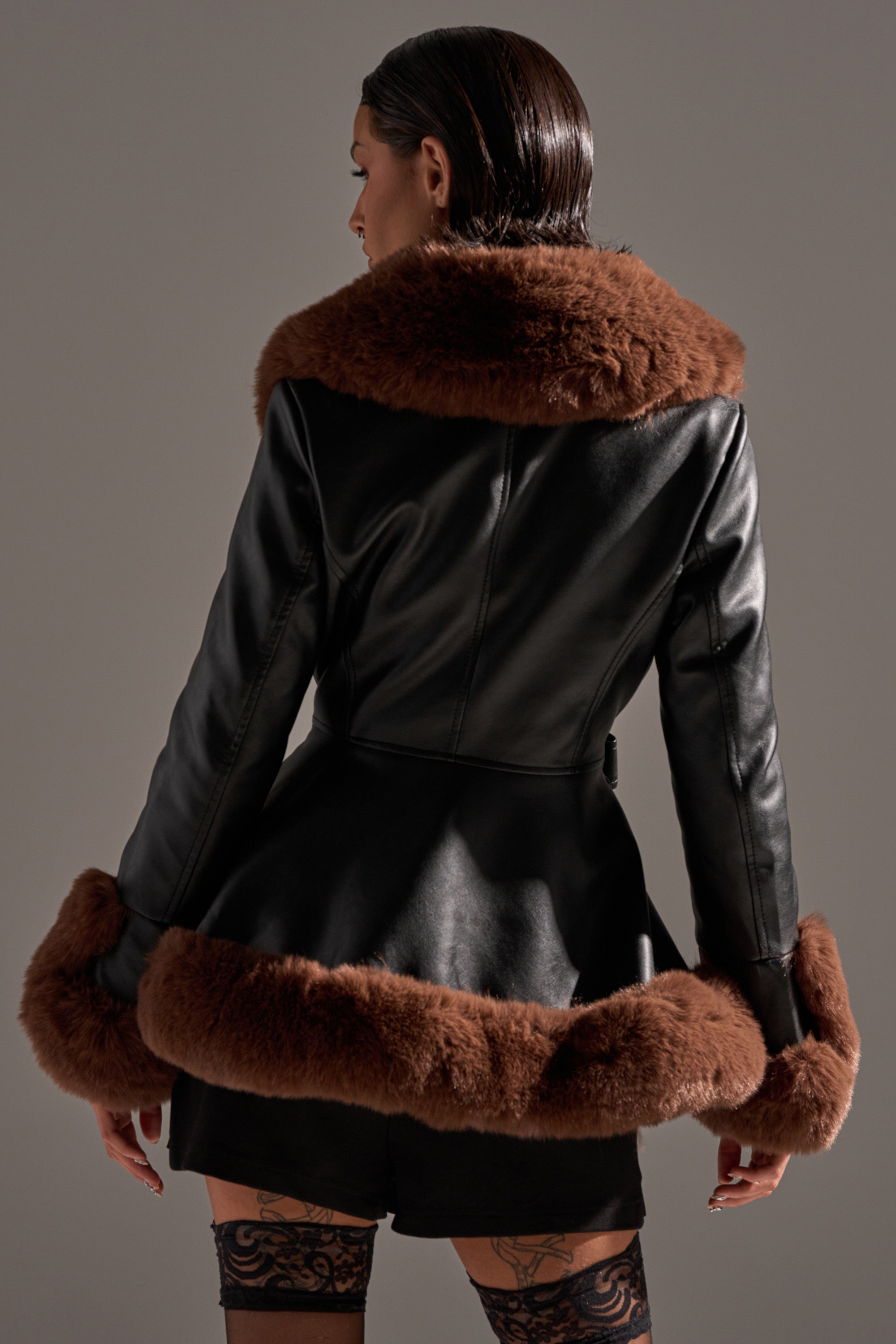 KENZY FUR TRIM PEPLUM MOTO IN BLACK BROWN