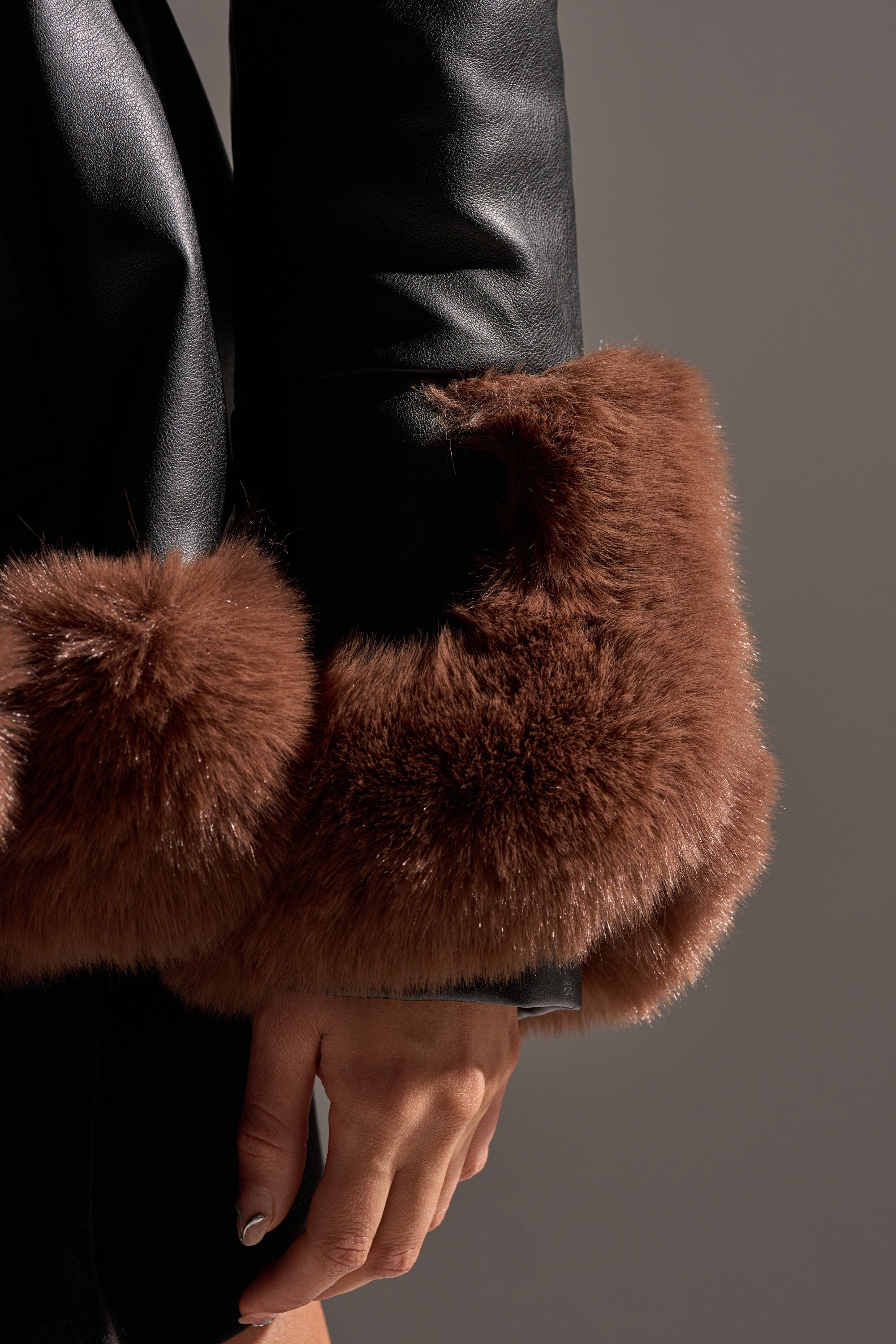 KENZY FUR TRIM PEPLUM MOTO IN BLACK BROWN