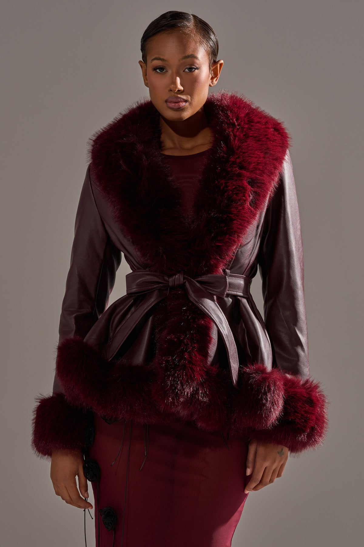 KENZY FUR TRIM MOTO IN BURGUNDY
