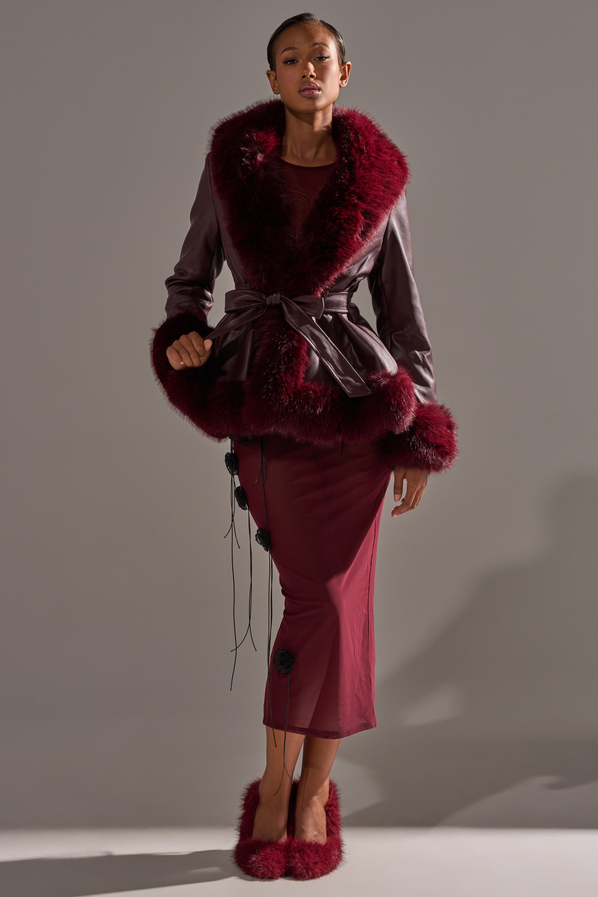KENZY FUR TRIM MOTO IN BURGUNDY