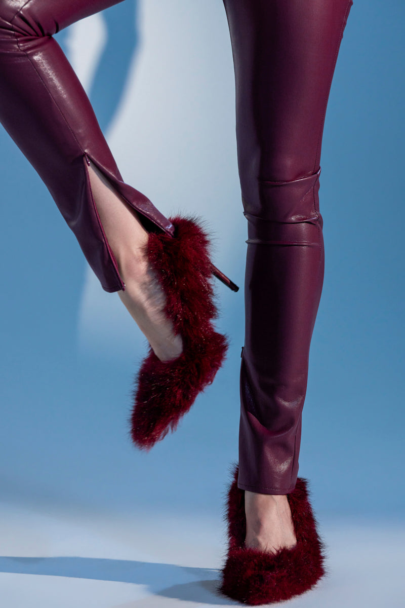 AZALEA WANG KURT BURGUNDY FUR EMBELLISHED PUMP