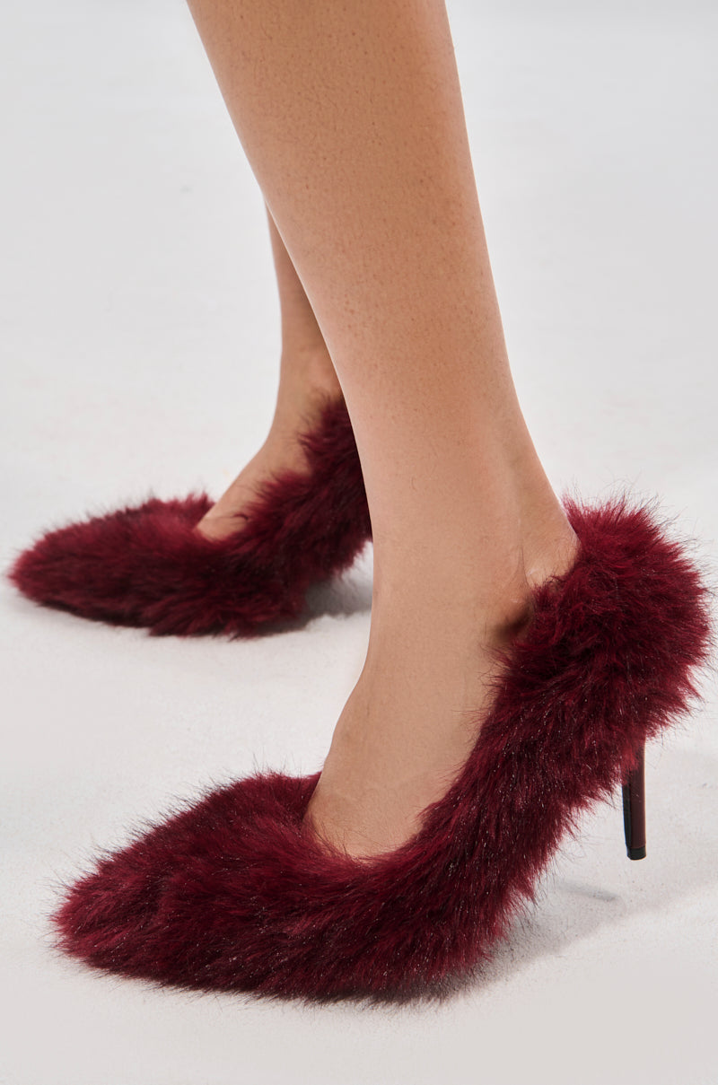 AZALEA WANG KURT BURGUNDY FUR EMBELLISHED PUMP