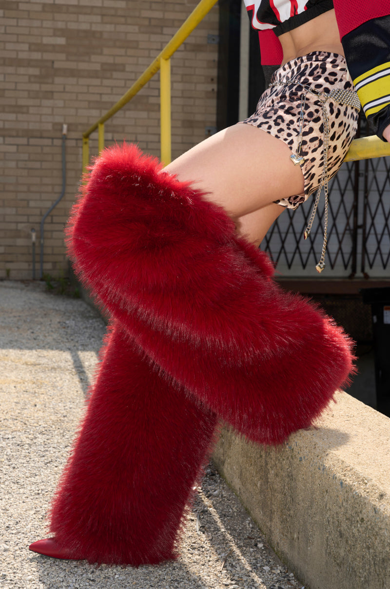 AZALEA WANG LANGLEYE RED THIGH HIGH FUR LUXE BOOT