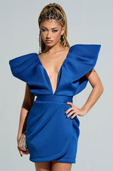 IRREPLACEABLE RUFFLE SLEEVE TULIP HEM MINI DRESS IN BLUE